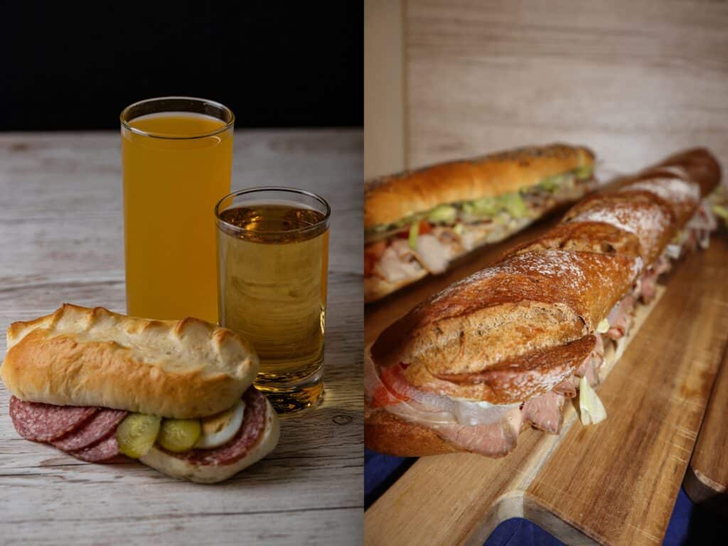 Wegglisandwich Salami mit Getränk oder Metersandwich mit Roastbeef.